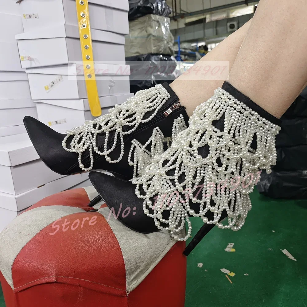Pearl Chain Verzierte Satin Black Boots Women Classy Pointy Toe Zip Mid Calf Thin High Heels Shoes Lady Sexy Fashion Showy Boots