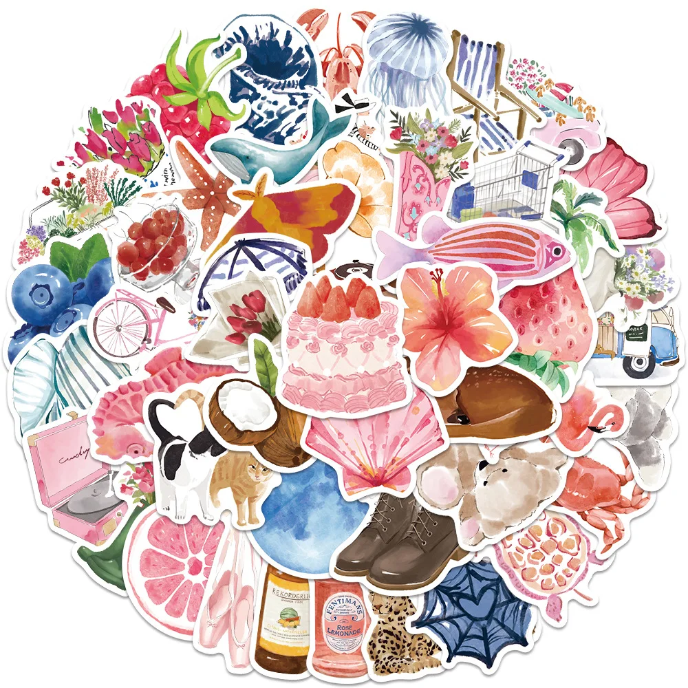 50/100pcs Watercolor Dairy Stickers Decals For Phone Laptop Scrapbook Luggage Helmet DIY Graffiti Aesthetic Stickers Gifts image 3