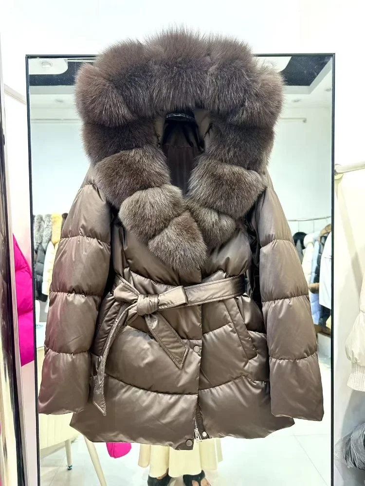 2025 여성 겨울 90% 거위털 재킷 두꺼운 따뜻한 여성 파카 방수 럭셔리 대형 천연 은여우털 후드