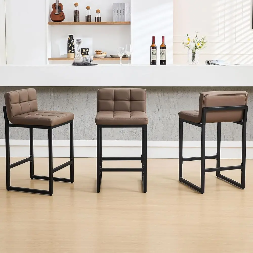 

Set of 3, Counter Height Upholstered PU Leather Barstools with Low Back and Metal Legs, 26 Stools for Kitchen Island or Bar, Cof