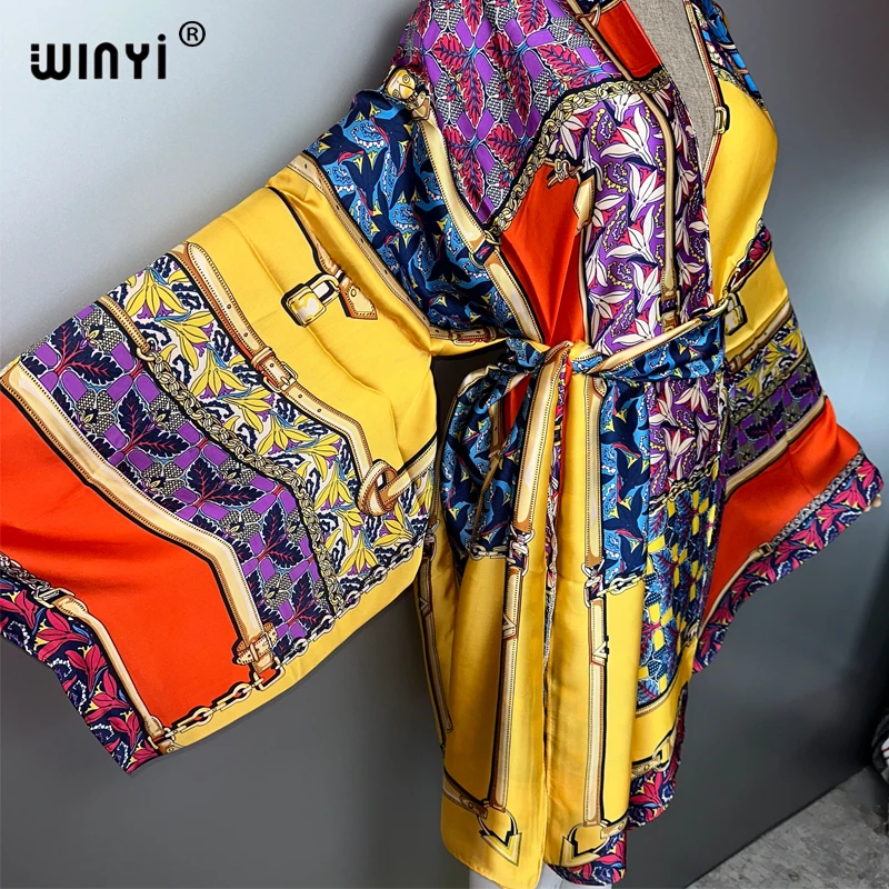 WINYI Sommer Kimono Strand Outfits Frauen Badeanzug Cover Up Boho Strickjacke Stich Selbst Gürtel sexy Urlaub Langarm Print Mantel
