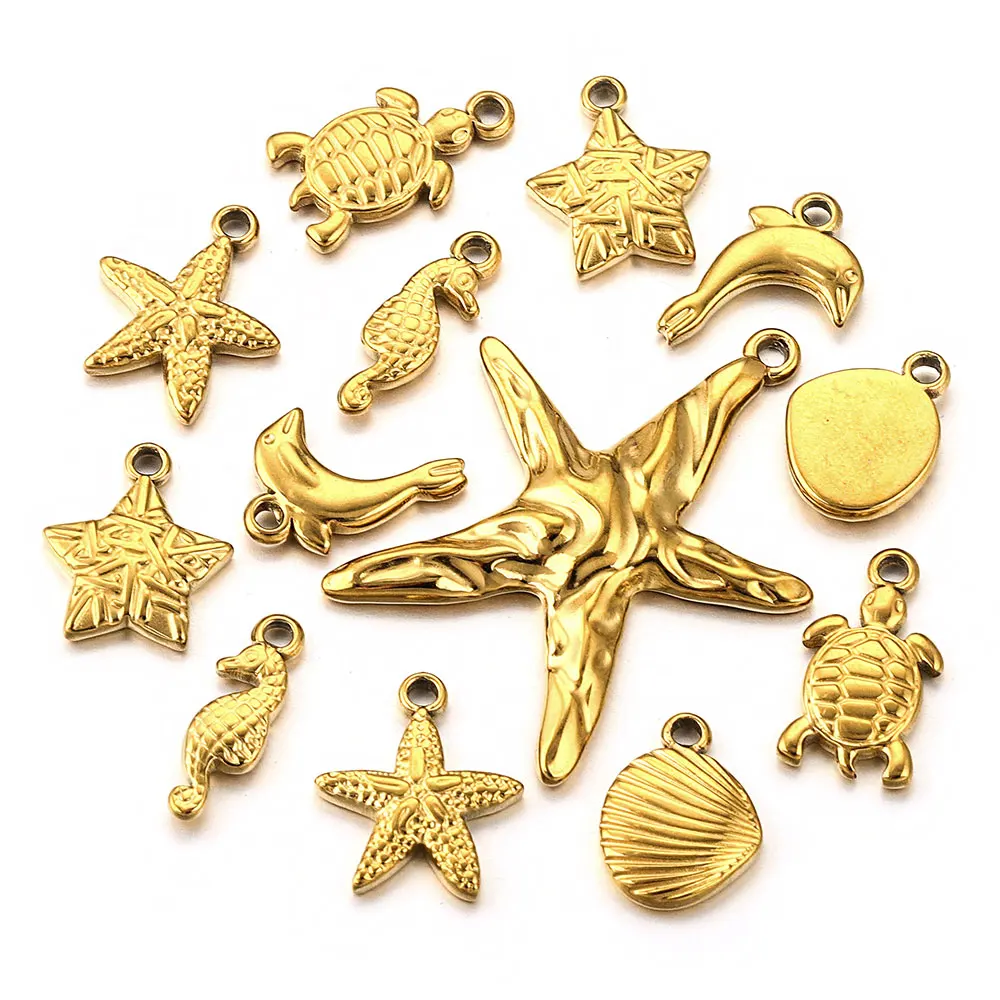 5pcs Stainless Steel Gold Plated PVD Charm Waterproof Starfish Dolphin Shell DIY Necklace Earrings Jewelry Accessories Wholesale