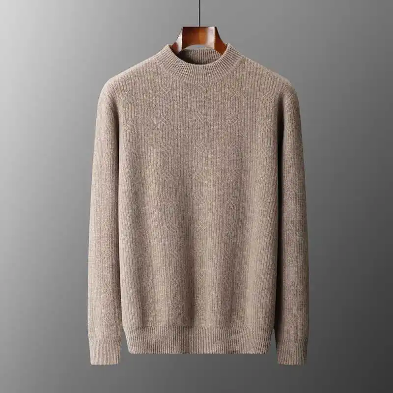 New 100% pure cashmere men's heavy thickening twisted sweater semi-high collar warm cashmere knit bottoming shirt