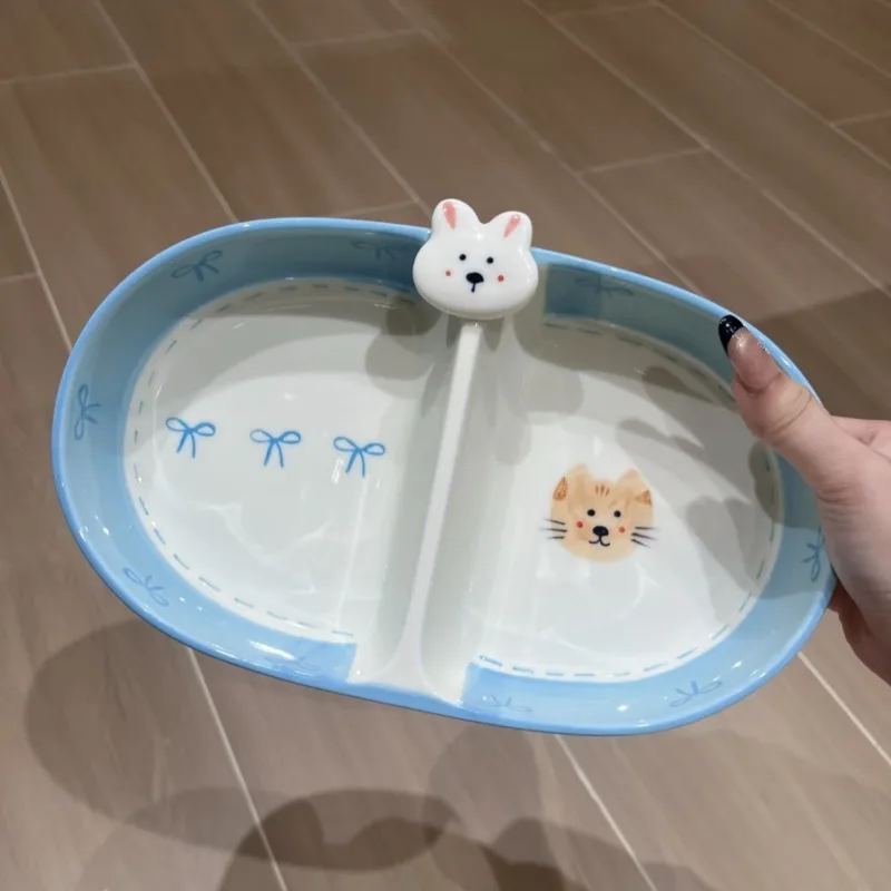 Three-dimensional cat hand-painted underglaze ceramic tableware, salad bowl, dessert plate