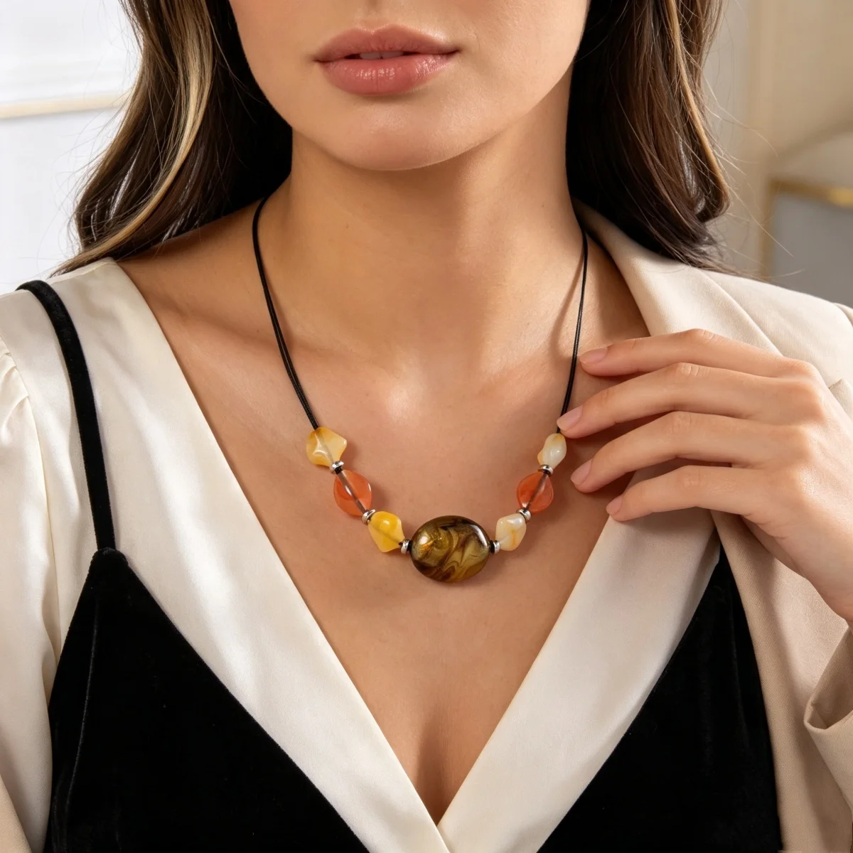 Ästhetische Boho-Halskette mit unregelmäßigen Acrylperlen und schwarzem Seil für Damen und Herren, Retro-Handarbeit, geometrischer Choker, Partyschmuck – Detail 8