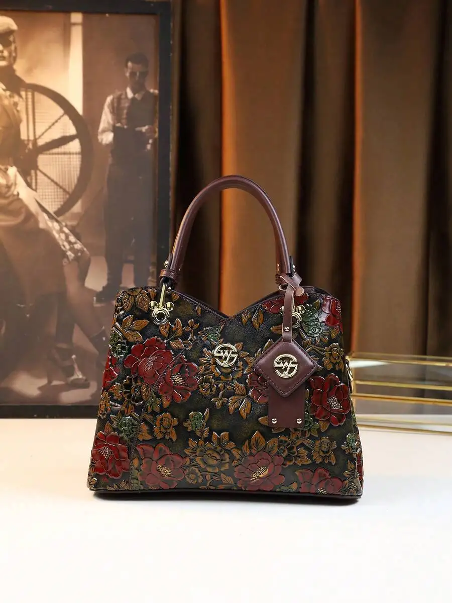Handpainted & Carved Discoloration Vintage Embossed Feel Ladies Handbag, Mother's Day Gift For Mom,