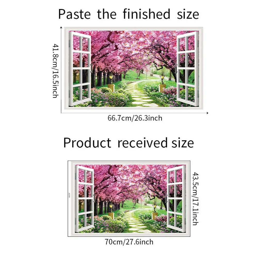 3D Natural Scenery Fake Window Stickers Sakura Tree Beach Building Wall Art Mural Decals Home Office Decoration Vinyl Wallpaper