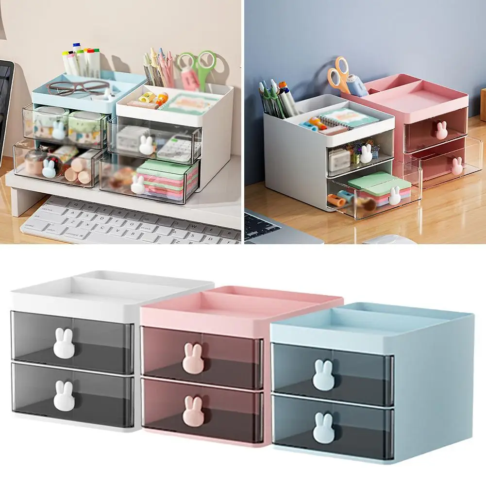 1PCS 2-laye Convenient Desk Organizer Portable Desktop Storage Box Visible Storage Drawer Mini Desktop Cute Storage Box