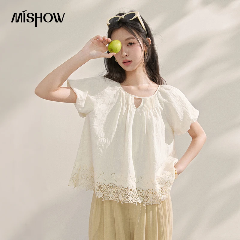 

Женская блузка MISHOW во французском стиле с рукавами-фонариками, летняя коллекция 2026, свободная рубашка с коротким рукавом и кружевной отделкой, укороченный топ MXF16X2564