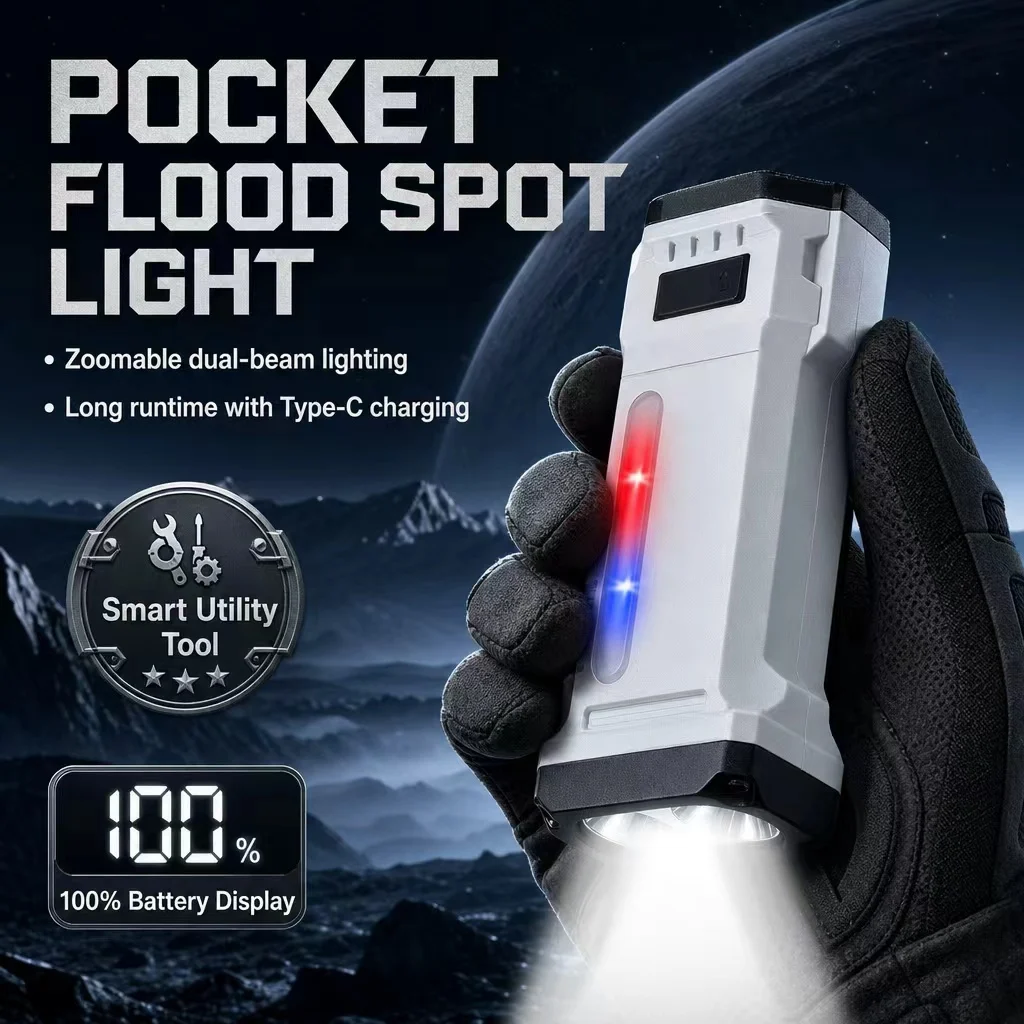 Multi Functional Outdoor Portable Strong Light Flashlight, Digital Display with Magnetic Attraction, Red and Blue Flashing Warni