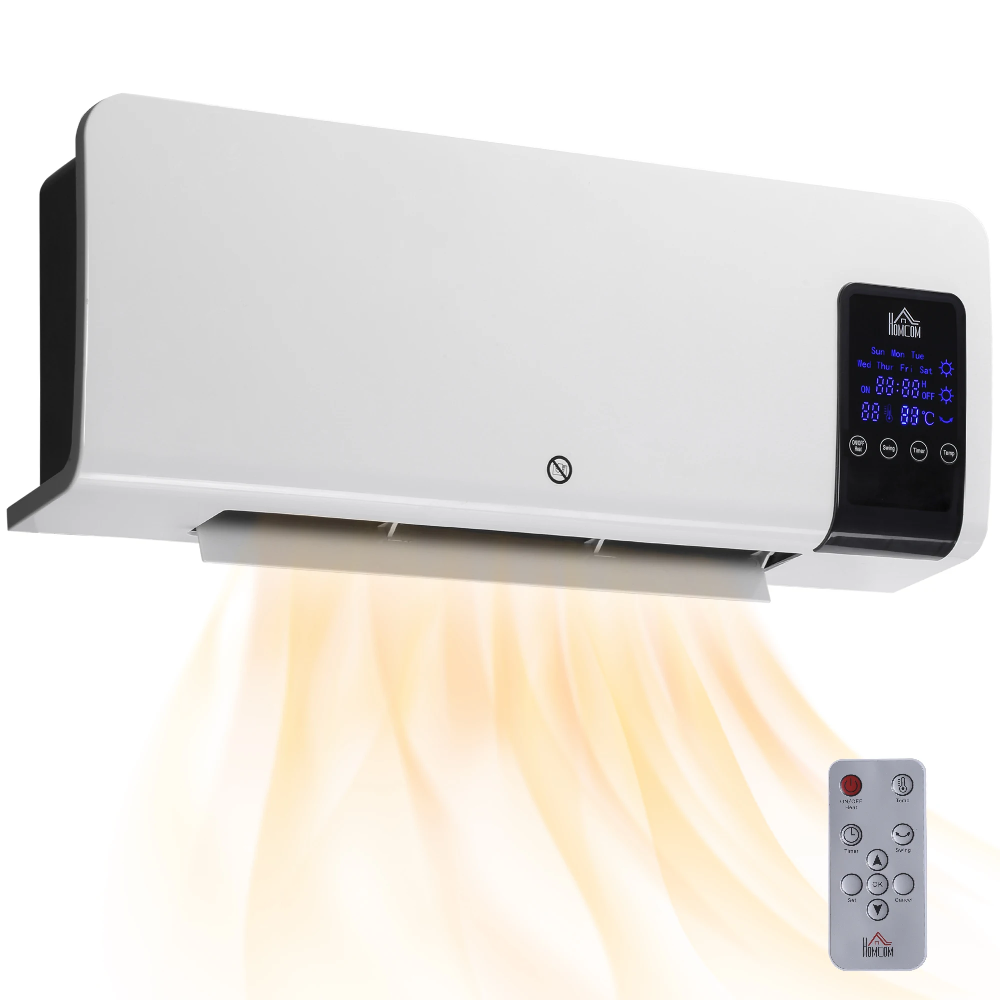 HOMCOM verwarmingswandventilator keramische PTC - 1000 W / 2000 W oscillatietimer met witte afstandsbediening