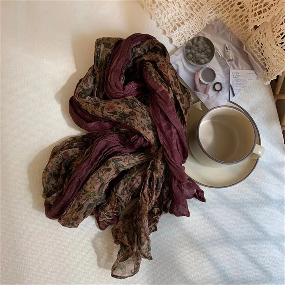 Vintage Cotton Linen Patchwork Scarf Women Pleated Scarf  Long Floral Square Scarf Shawl Fashion Winter Warm Casual Scarf Shawl