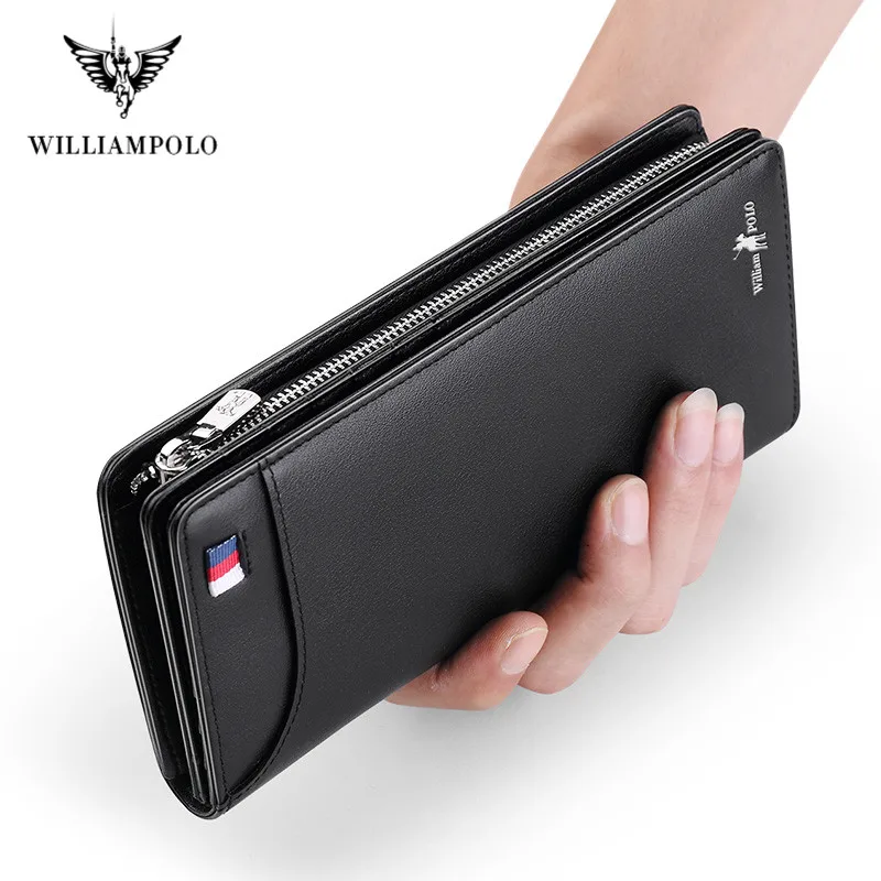 WILLIAMPOLO Men Wallets Long Style High Quality Card Holder Male Purse Zipper Large Capacity Brand Cow Leather Wallet For Men