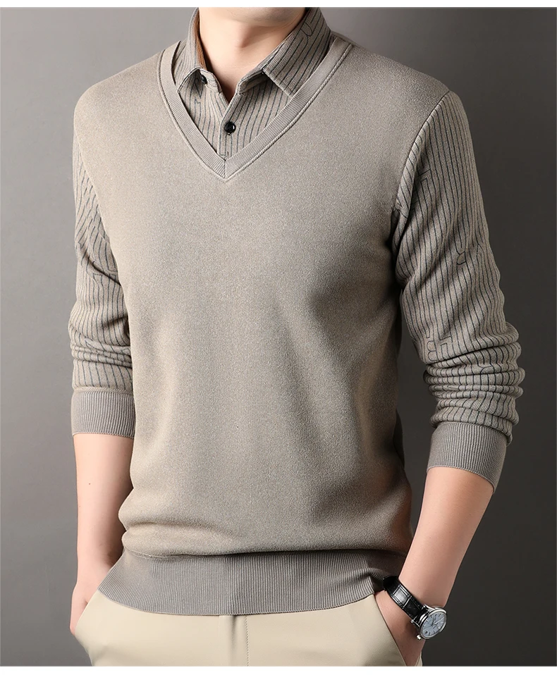 Herren Plaid Pullover Fleece Pullover Slim Fit Elegante Luxus Marke Gefälschte Zwei Stücke Gestrickte Pullover – Detail 22