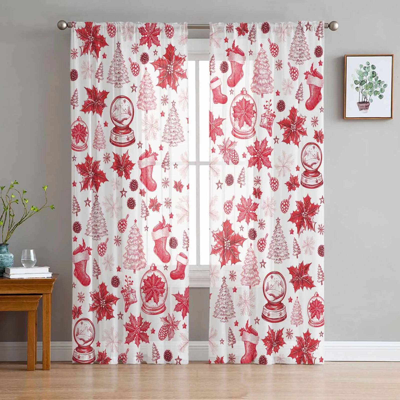 Christmas And Winter Flowers Curtains For Living Room Bedroom Home Decoration Window Voile Tulle Curtain Drapes