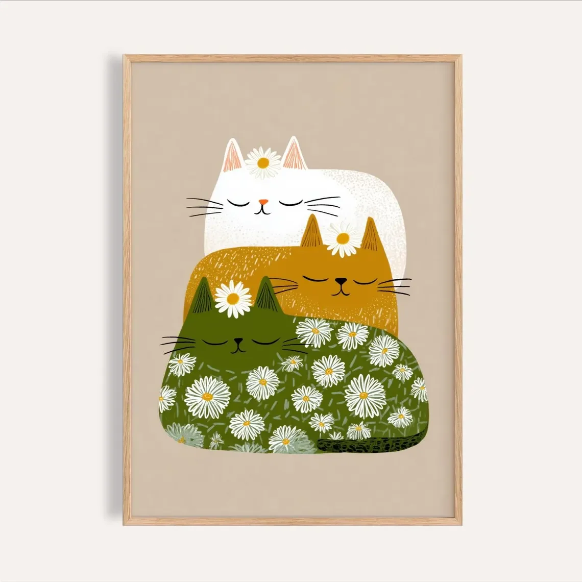 Gemütliche Wandkunst mit gestapelten Katzen und Gänseblümchen – weiche, neutrale Katzenillustration, perfekte Dekoration für minimalistische Wohnzimmer, Cat-Lo