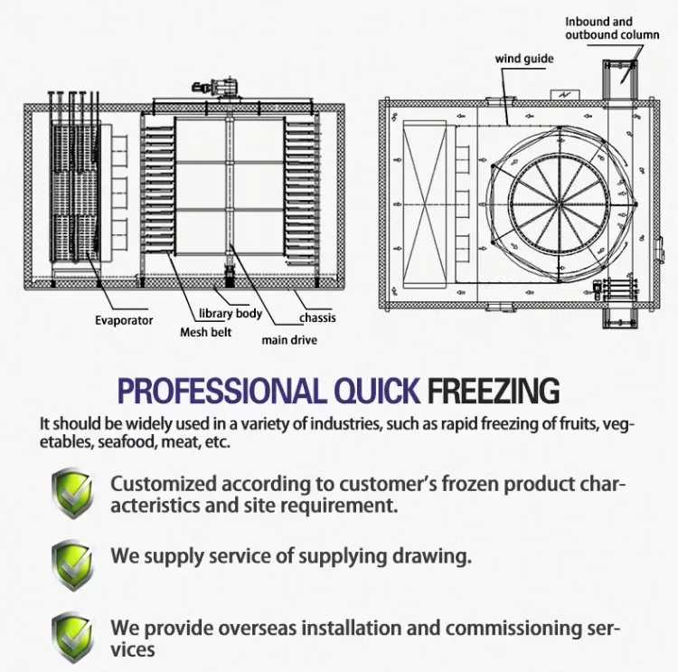 The IQF Twin-helix Quick-freezing Machine Is Used for the Rapid Freezing of Seafood, Meat, and Other Food Products.