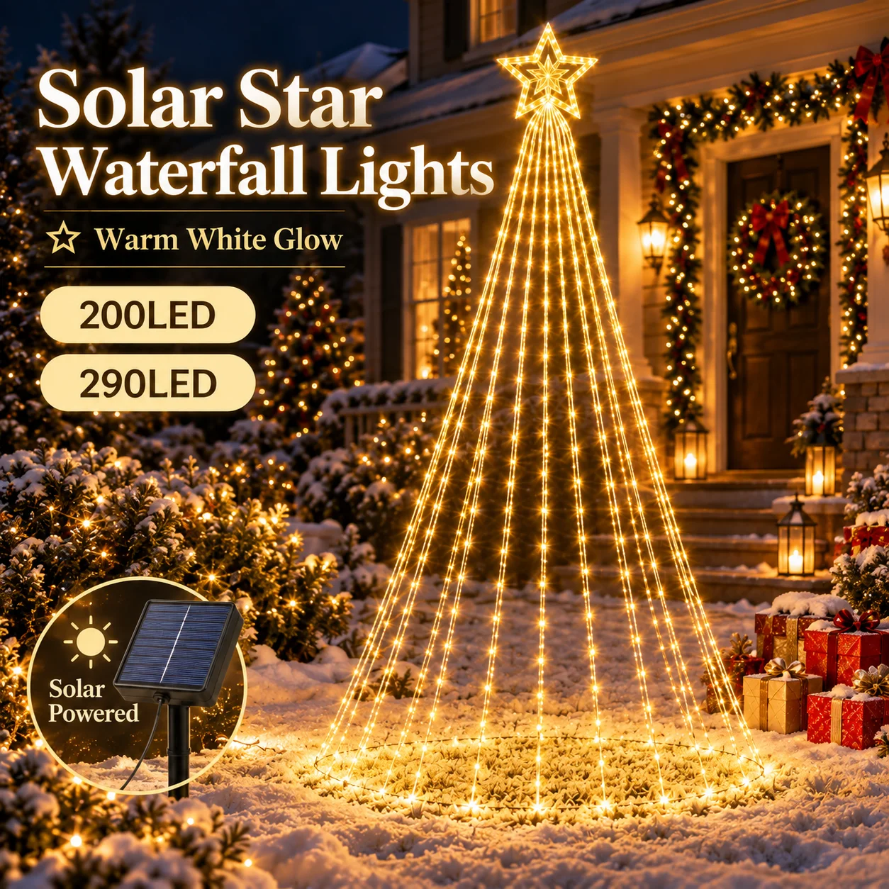 Christmas Star Waterfall Lights 200/290LED 8 Modes Curtain Garland for Tree Window Garden Patio Party Holiday Decor