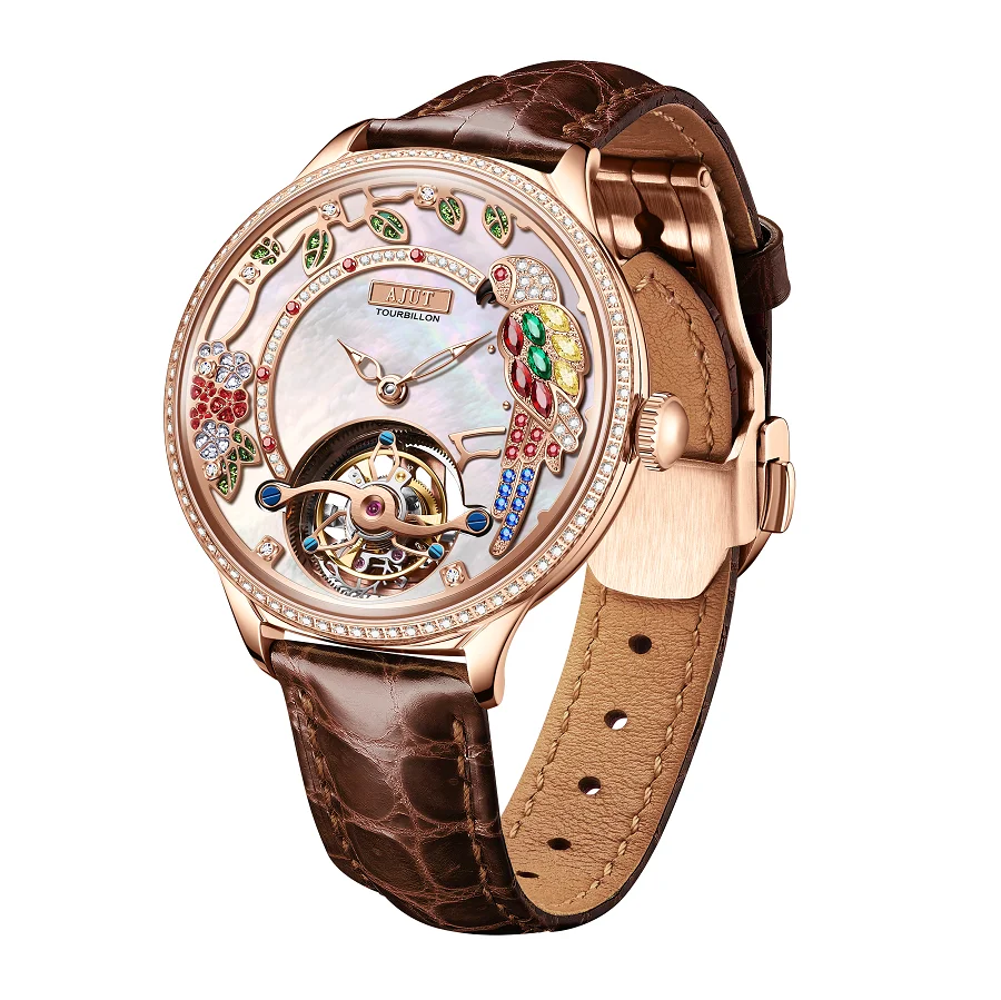 

AJUT High Quality Luxury Woman Watch 0340 Automatic Tourbillon Mechanical Skeleton Movement Women's Wristwatch Beautiful
