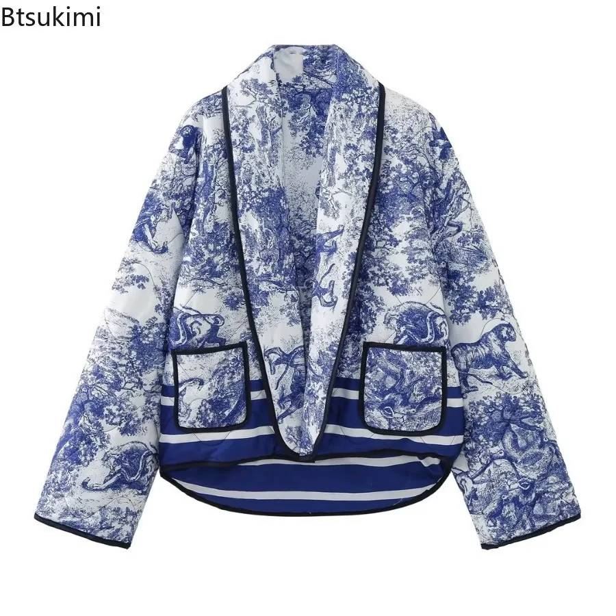 Vintage Quilted Jacket Women Lapel Printed Cotton Coat Winter Warm Pocket Cardigan Coat Long Sleeve Scarf Collar Warm Outwear