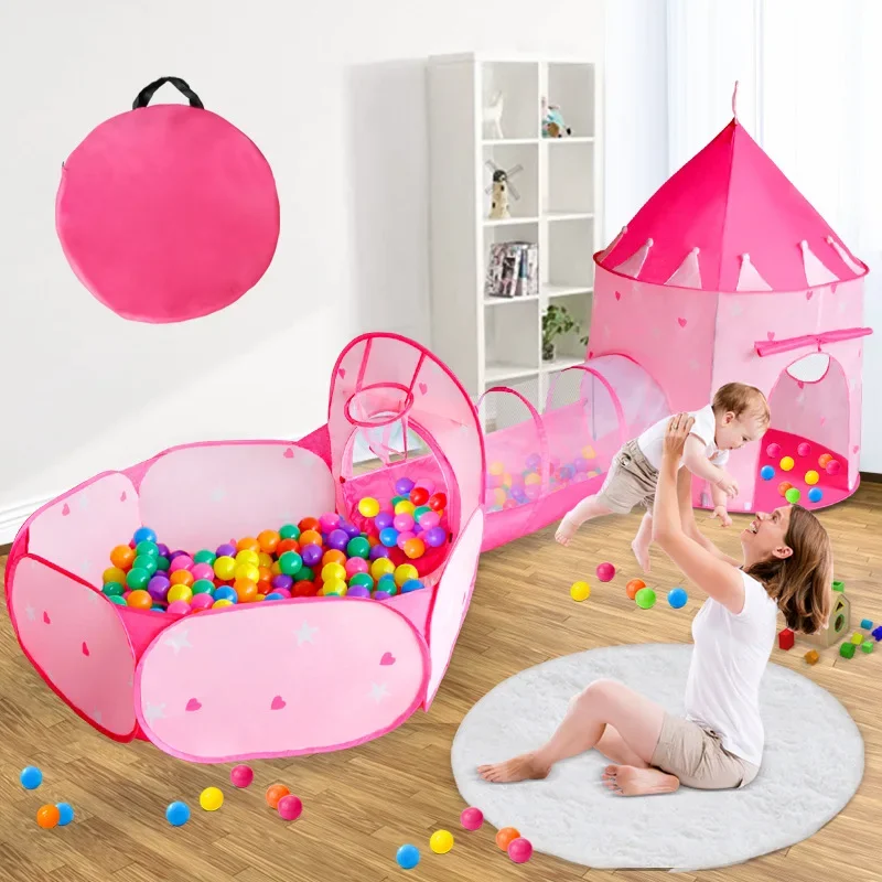 3 In 1 Kid Tent House Play Toy Tunnel Crawling Playhouse Castle Portable Children Ocean Ball Pool Pit Baby Folded Indoor Outdoor