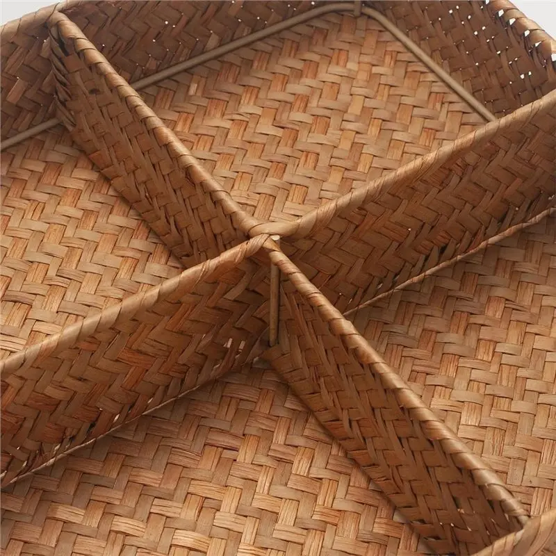 Square Wicker Seagrass Storage Basket With 4 Dividers Snack Box Organizer For Countertop(11.4 X 11.4 X 2.4 Inch)
