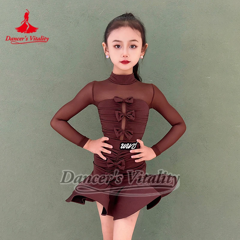 Tieners Latin Dance Hooggesloten Lange Mouwen Strik Decoratie Bodysuit + Visgraat Rok Sets Danser Vitaliteit Chacha Kleding