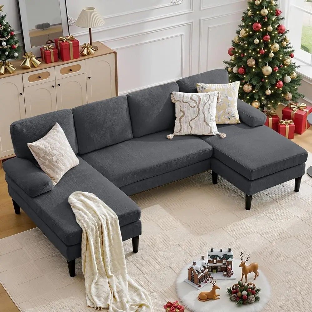 

4-местный серый секционный диван из синели с двойным шезлонгом для гостиных и небольших помещений