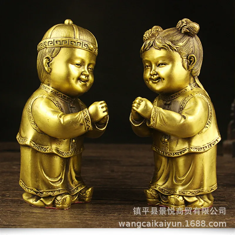 Copper and gold child and girl bronze statues, Chinese-style bronze boy and girl figurines, a pair of decorative pieces, wedding