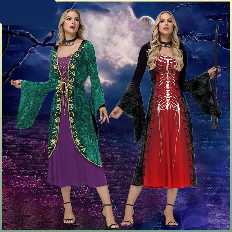 

Женский костюм для косплея и сценических выступлений: Безумная ведьма с капюшоном и рукавами-колоколами, этническая модная одежда на Хэллоуин