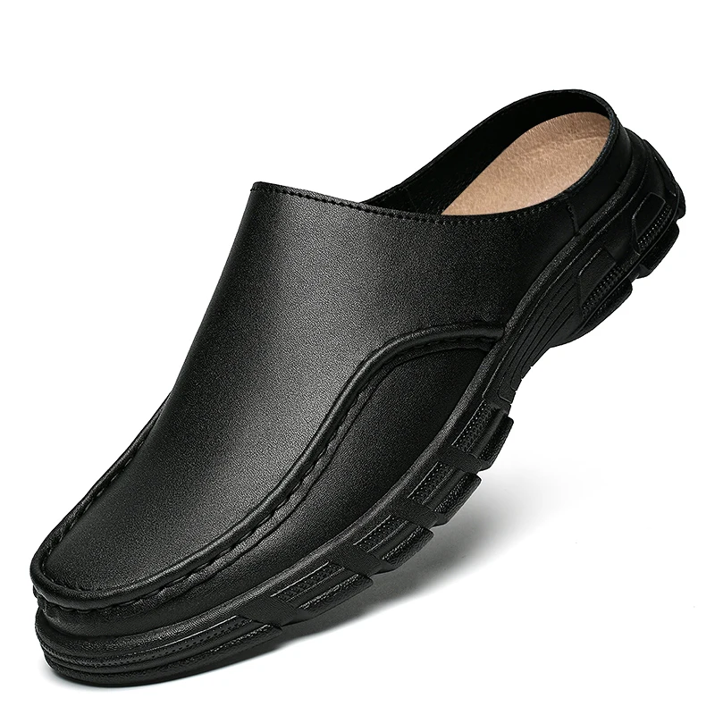 Mules Mens Leather Backless Casual Shoes Luxury Handmade Big Size 47 Summer Fashion British Style Outdoor Half Slippers for Man
