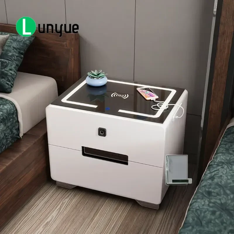 Smart Bedside Table with Fingerprint Lock LED Night Light Modern Side Table with Two Drawers for Bedroom Furniture Storage