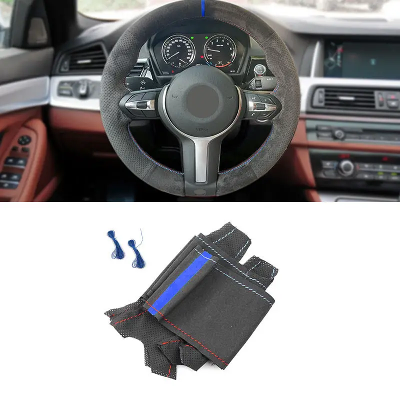 

Для BMW M Sport F10 F12 F15 F16 F22 F25 F26 F30 F32 F34 F39 F48 1,2 мм Замшевая кожаная внутренняя накладка на руль автомобиля синяя планка