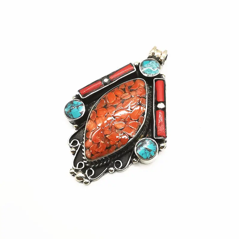 White Metal Copper Inlay Colorful Stone Kite Pendants Tibet Handmade Jewelry TBP536