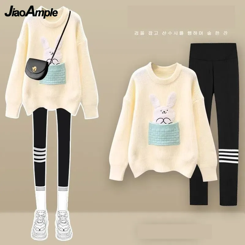 

Women's 2023 Autumn Winter New Loose Sweater High Waist Slim Fit Shark Pants Two Piece Korean Elegant Tracksuit Matching Set