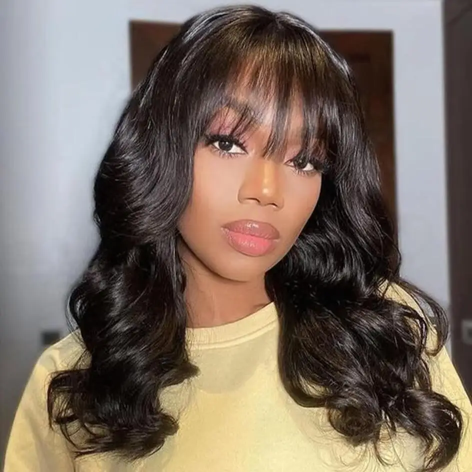 

Парики с объемной волной и челкой, человеческие волосы, плотность 180, машинное производство, парик для женщин, 18-22 дюйма, волнистые парики из Малайзийских волос, натуральный цвет
