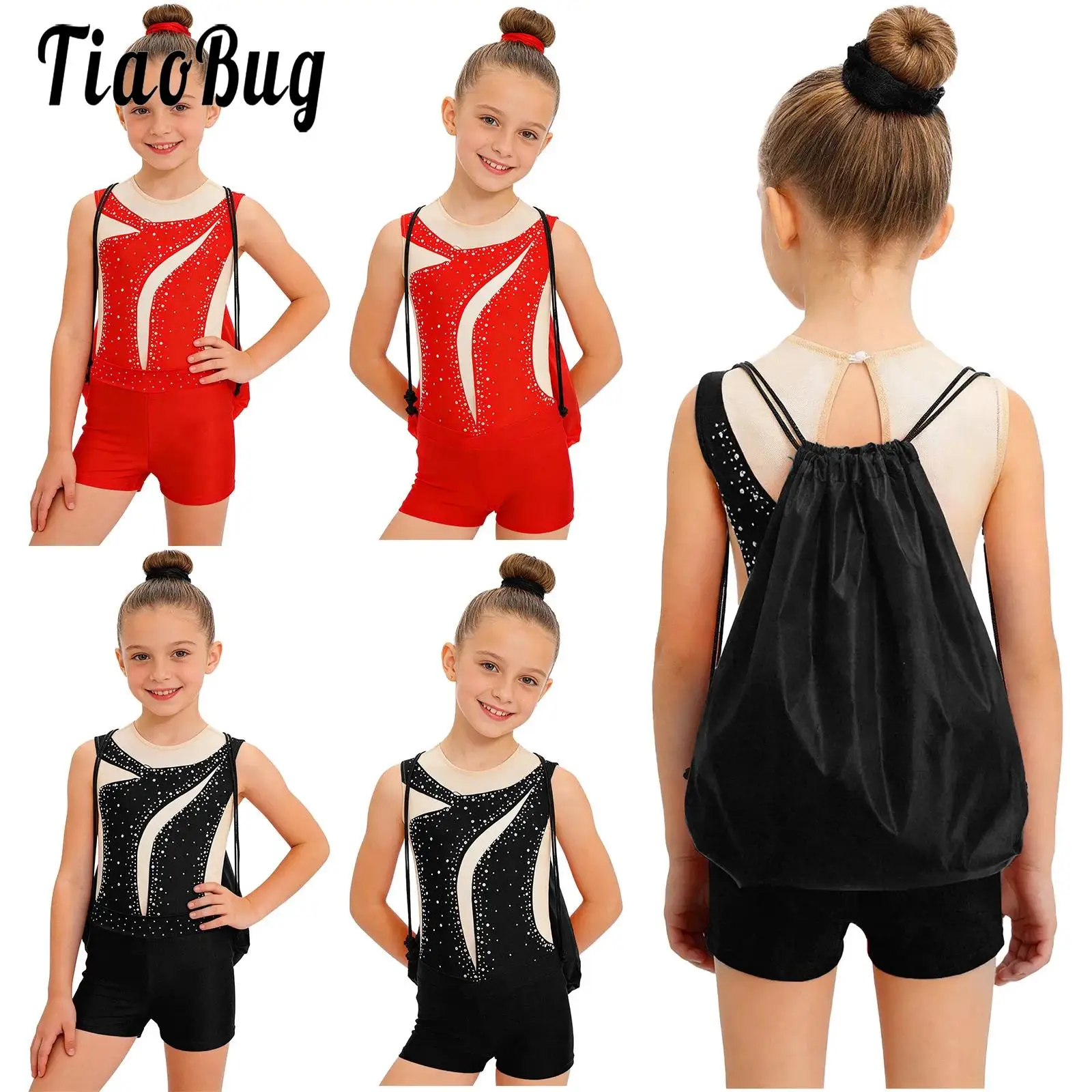 

Kids Girls Figure Skating Ballet Dance Outfit Set Sleeveless Rhinestones Mesh Leotard with Shorts Hairband Drawstring Backpack