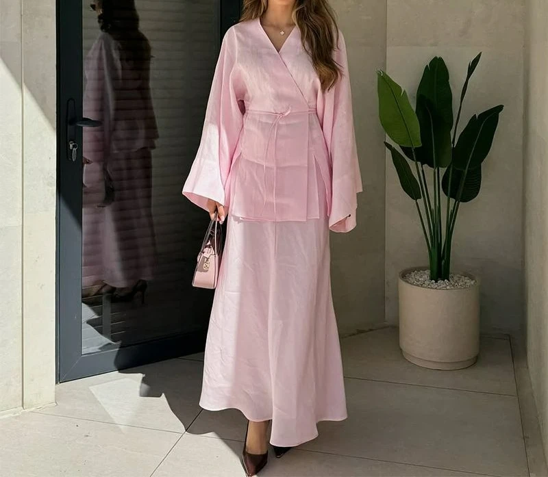 

Women's Clothing 2025 Summer New Item Solid Color V-neck Lace Up Long Sleeved Cardigan High Waist Slimming Skirt Set