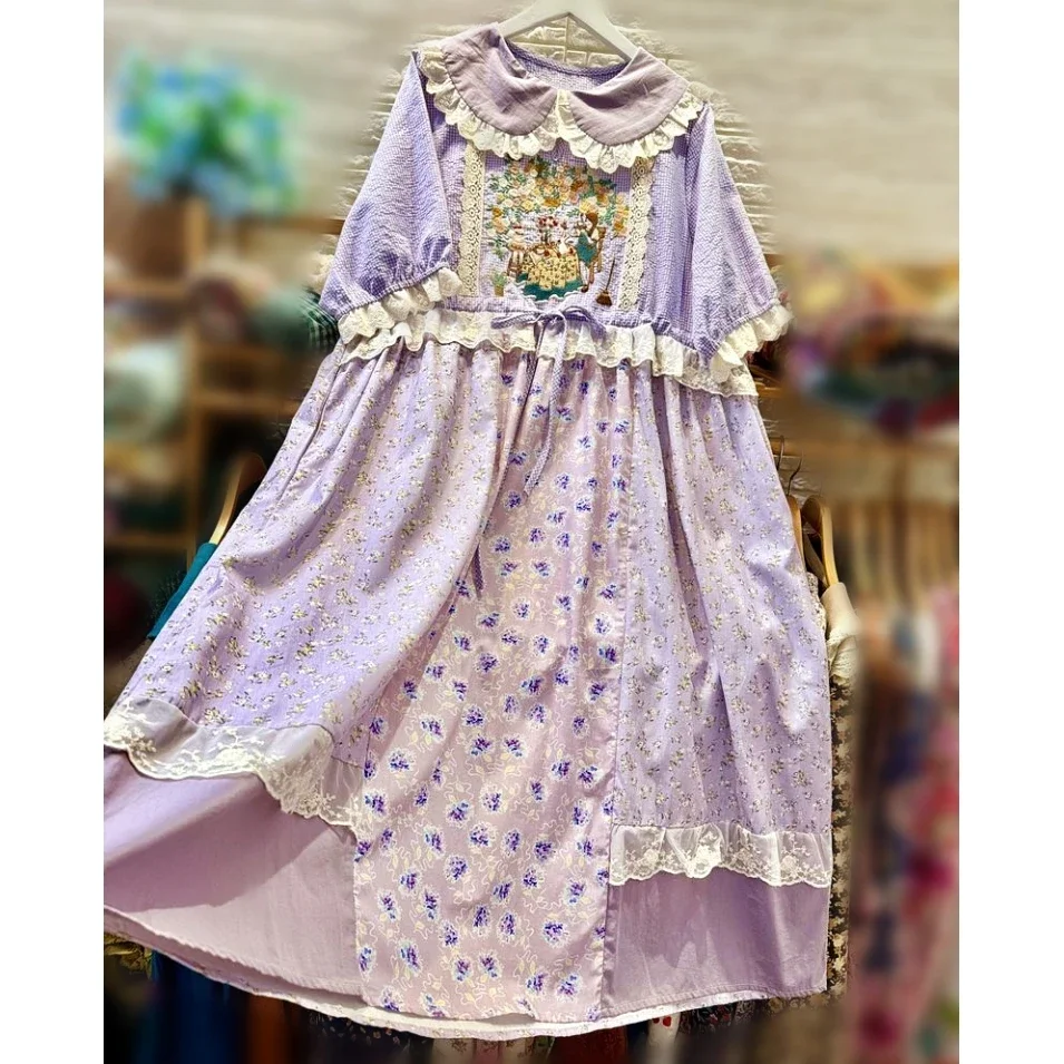 

Women Cotton Floral Embroidery Vintage Patchwork Purple Midi Dress Sweet Lolita Cottage Core Ruffled Lace Tea Length Long Dress