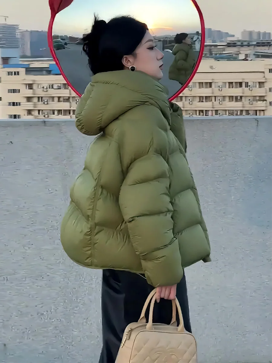 Damska kurtka puchowa z kapturem, ocieplana, biała, zimowa, modna, do dojazdów do pracy, nowość 2024