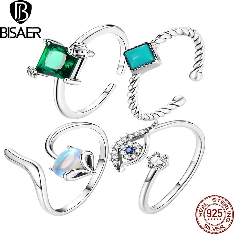 BISAER Open Ring 925 Sterling Silver Moonstone Fox Demon Eye Green Square zircon Turquoise Rings Adjustable Wedding Fine Jewelry