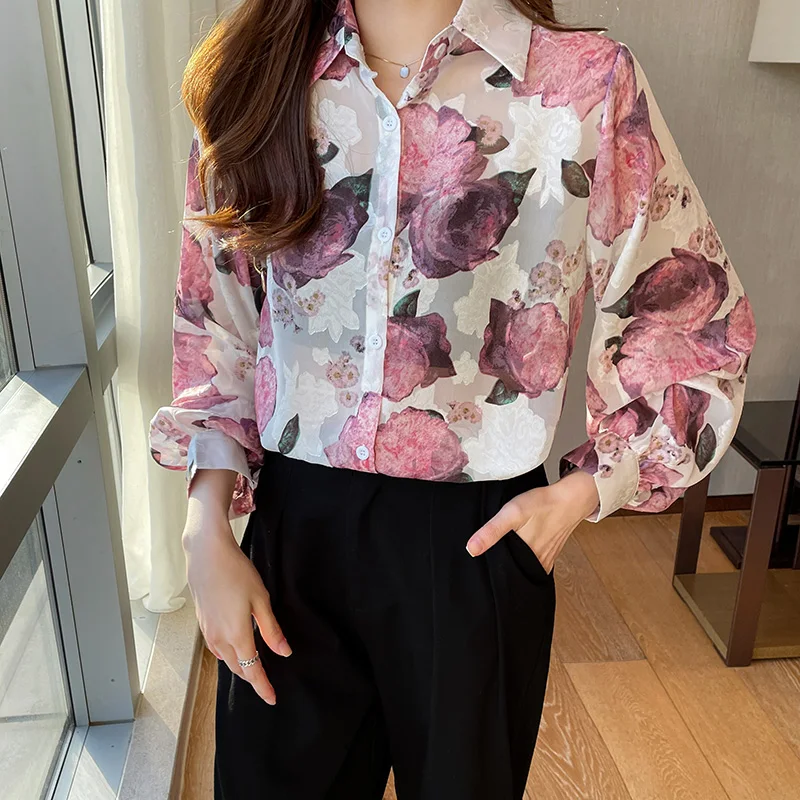 Women Spring Korean Fashion Loose Printing Turn-down Collar Long Sleeve Shirts Women Clothes Casual Office Lady All-match Tops