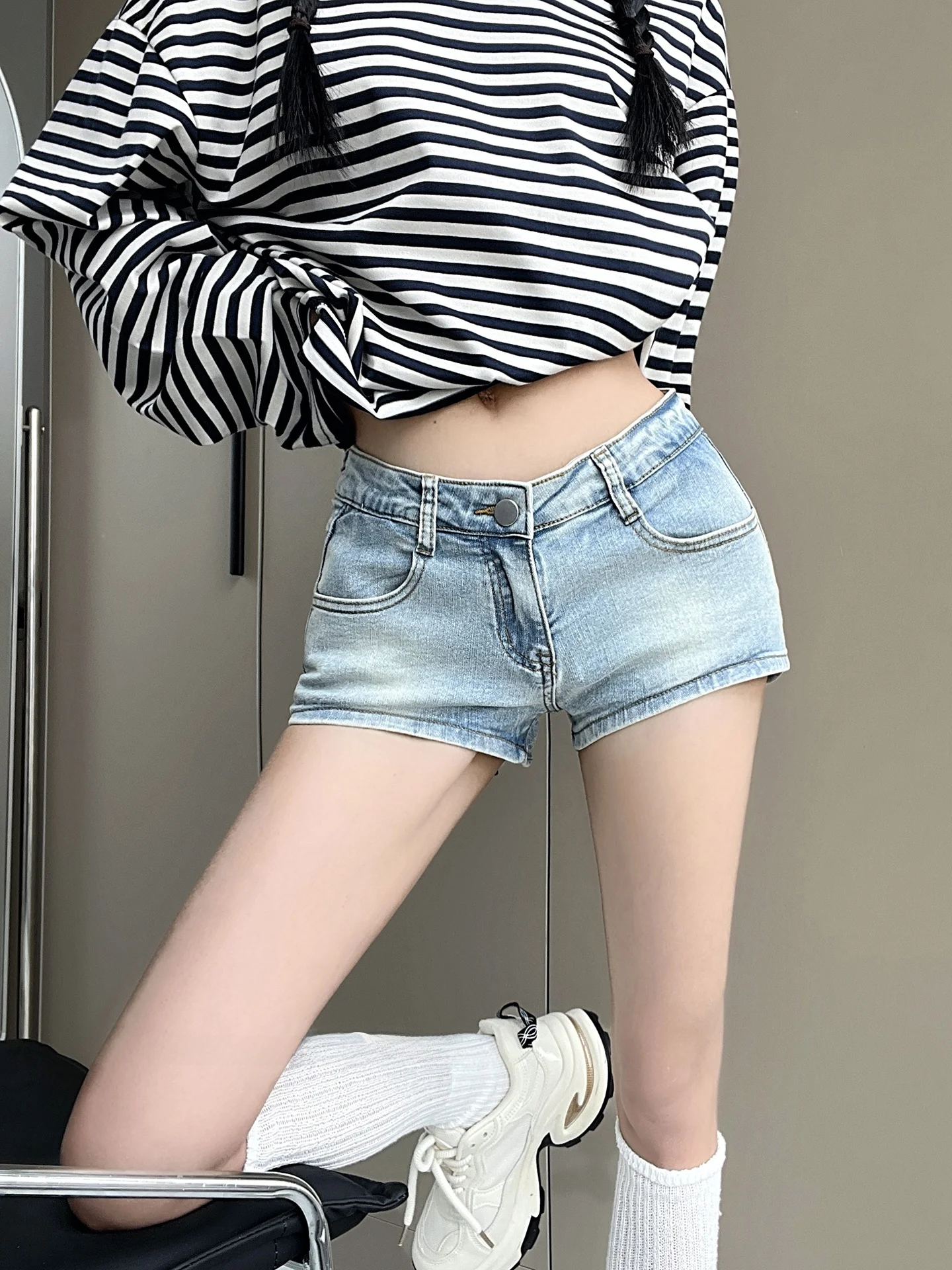 American Style Hot Girl Low Waist Plump Hip Denim Shorts Women Summer New Retro Versatile A-Line Wrap Hot Pants