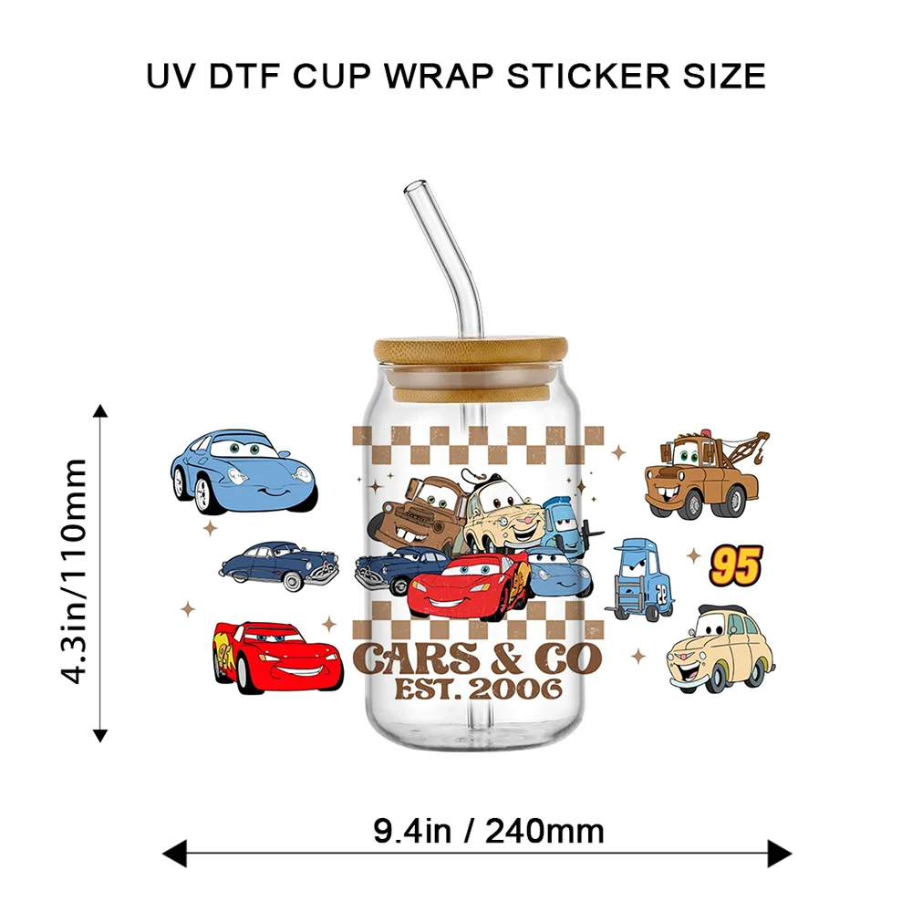 Cartoon Smiling Racing Car With Check Flag UV DTF Cup Wraps for 16oz Glass Can Ready to Apply Waterproof Transfer Stickers DIY