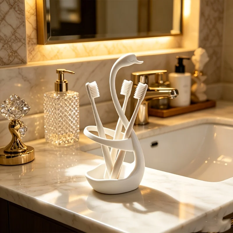 

1pc Creative Swan Shaped Toothbrush Holder Multifunctional Rinse Cup Organizer Home Bathroom Countertop Toothbrush Rack