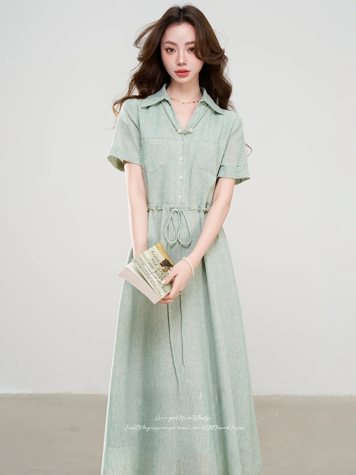 

Elegant Shirt Dress Women's Summer New Drawstring Waist Slim A-Line Long Skirt French Style Short Sleeve Button Closure Loose...