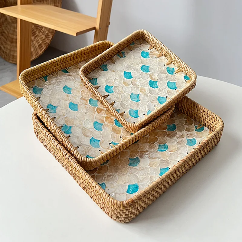 Hand Woven Splicing Shell Rattan Basket Rattan Weaving Colorful Rattan Shell Tray Decorative Household Dried Fruit Plate