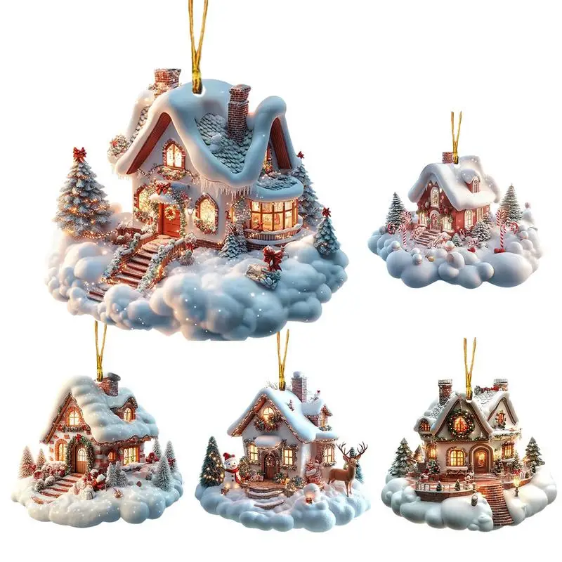 2D Acrylic Christmas House Ornament Charming Snow House Pendant for Christmas Tree Decoration Family Holiday Party Supplies