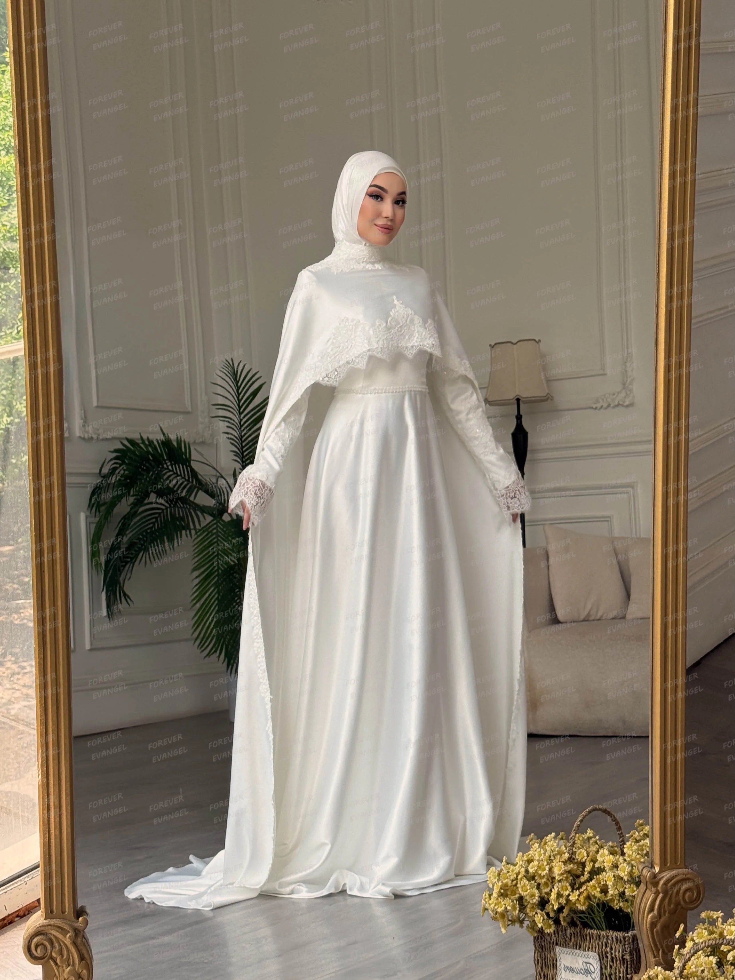 Einfache Spitzen-Schleier Arabische Hochzeitskleider A-Linie Formelle Brautkleider mit langen Ärmeln für Damen Elegante maßgeschneiderte Vestidos De Novia Muslim