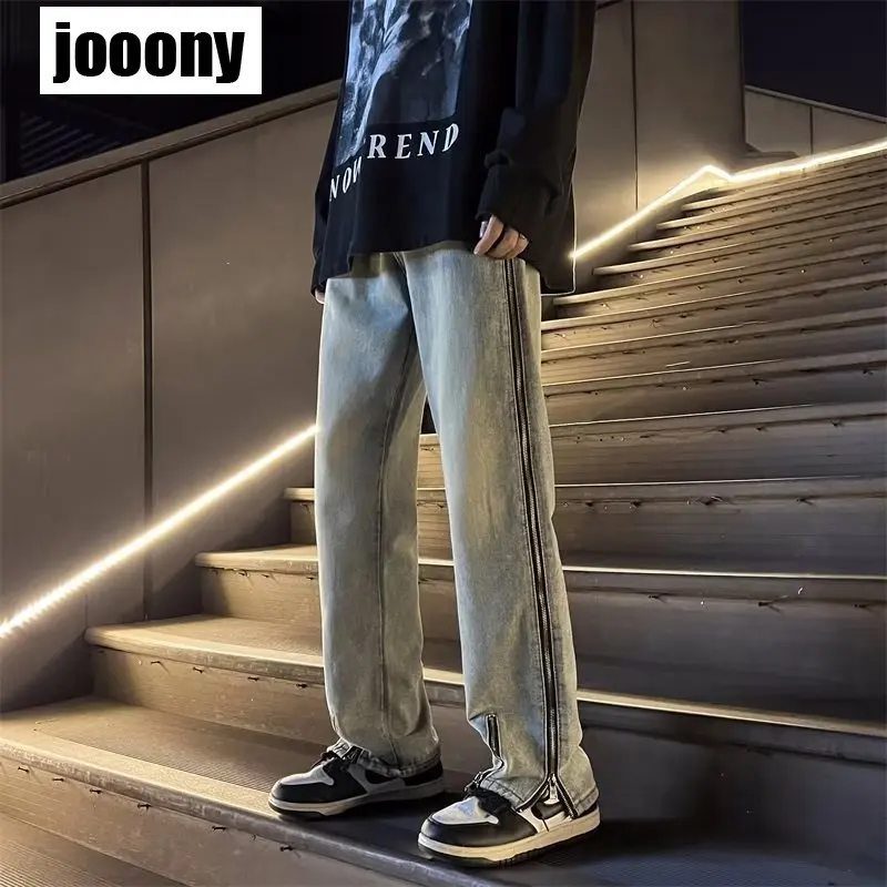 Y2K Aesthetics Gothic Design Spring Autumn Seasons Washed Old Zipper Jeans Elastic Straight Tube Loose Pants Men's Streetwear